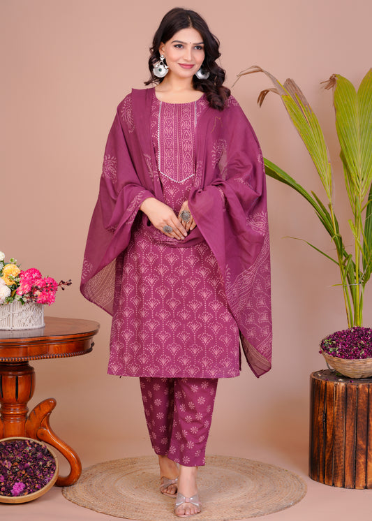 Cotton Printed Kurta Pant With Malmal Duptta