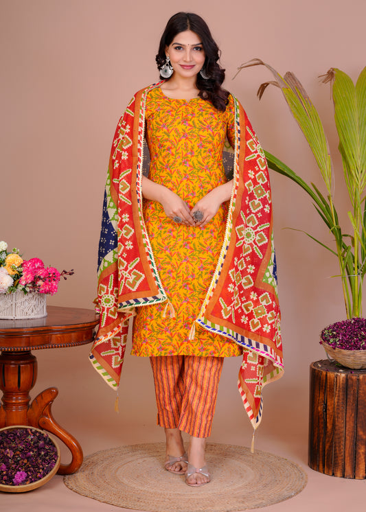 Cotton Kurta Pant Set With Printed Malmal Duptta