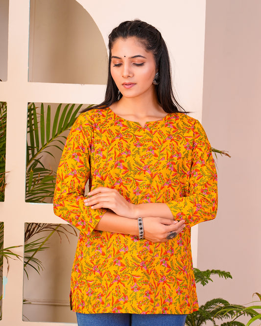 Yellow Straight Printed Cotton Short Kurti