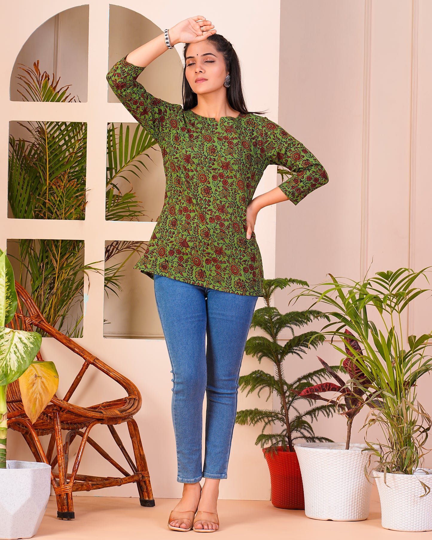 Green Printed Cotton Short Kurti