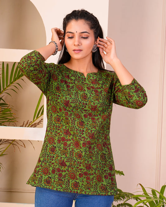 Green Printed Cotton Short Kurti