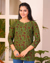 Green Printed Cotton Short Kurti