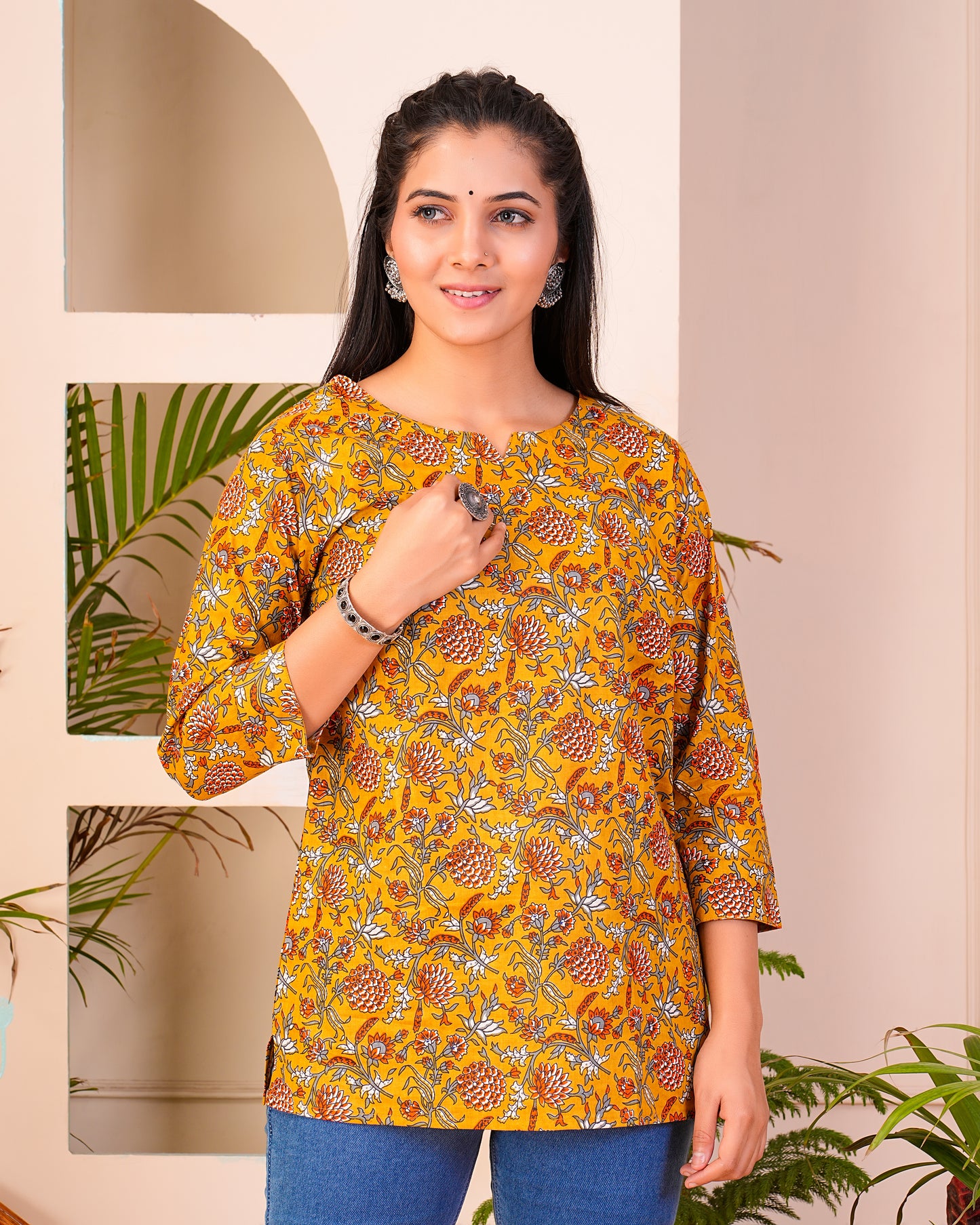 Yellow Printed Cotton Short Kurti