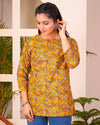 Yellow Printed Cotton Short Kurti