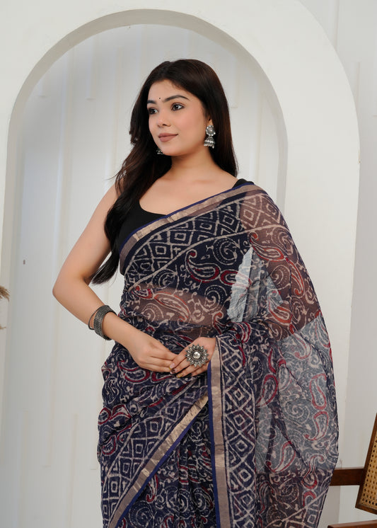 Handcrafted Printed Kota Doria Saree