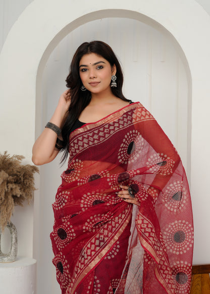 Handwoven Kota Doria Saree with Artistic Prints