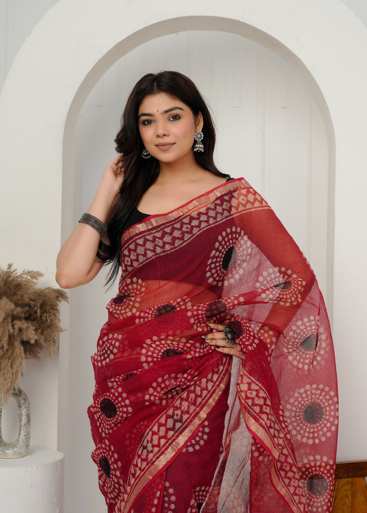 Handwoven Kota Doria Saree with Artistic Prints