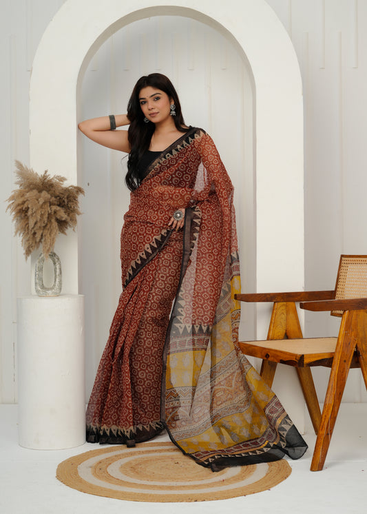 Traditional Printed Kota Doria Saree from Rajasthan