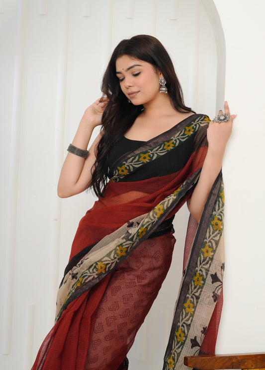 Handwoven Printed Kota Doria Saree
