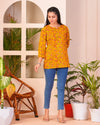 Yellow Straight Printed Cotton Short Kurti