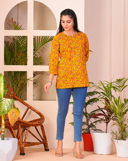 Yellow Straight Printed Cotton Short Kurti