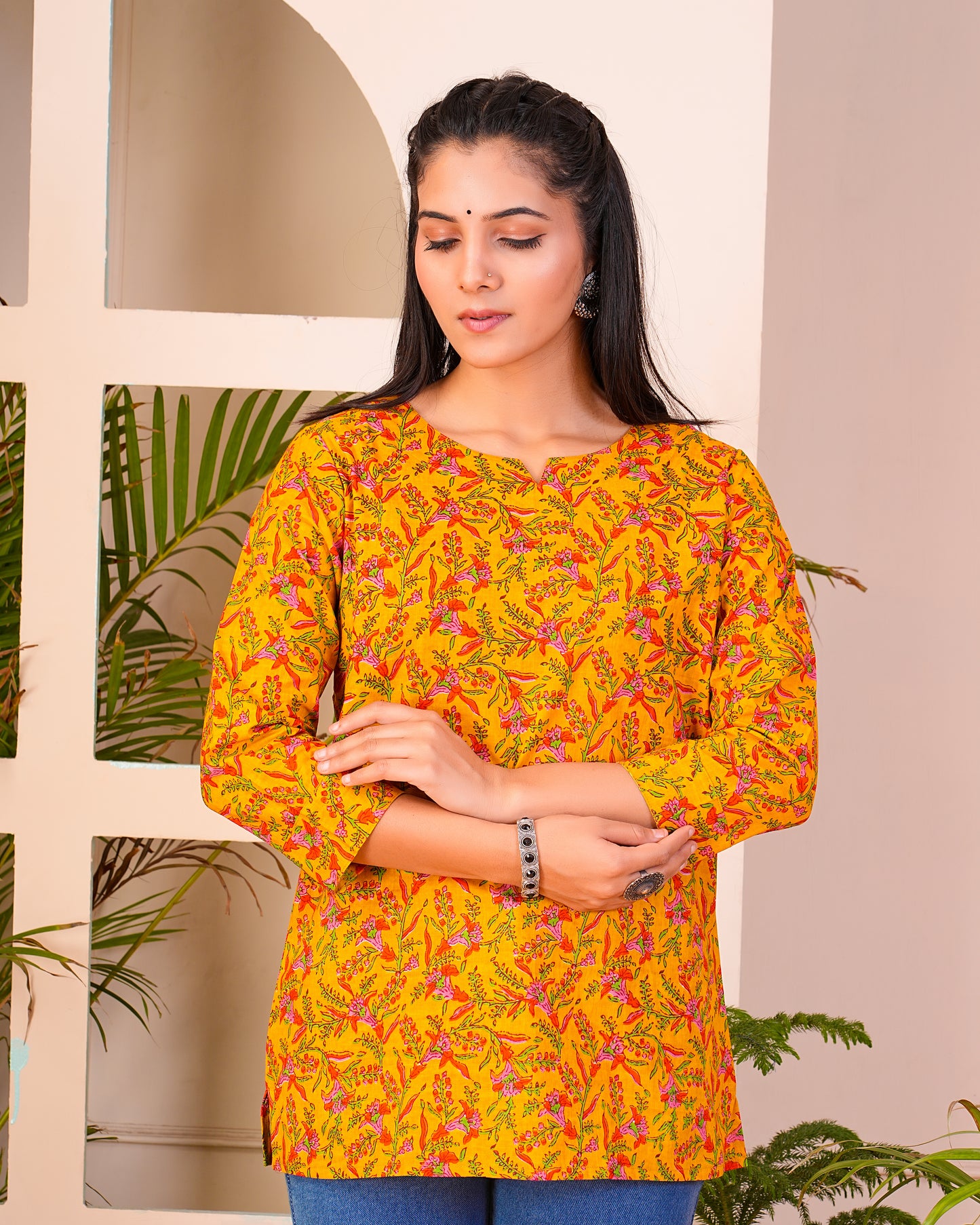 Yellow Straight Printed Cotton Short Kurti