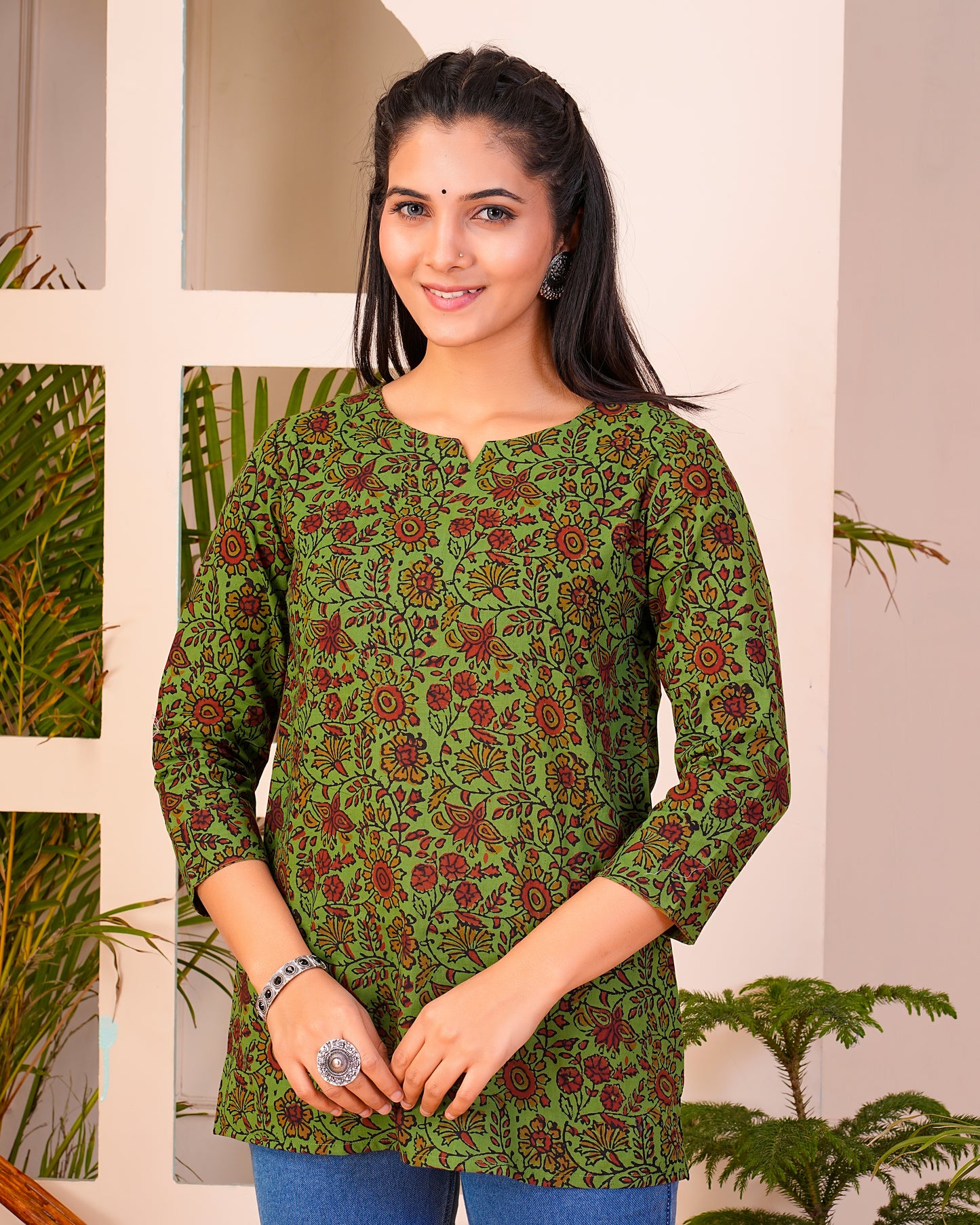 Green Printed Cotton Short Kurti