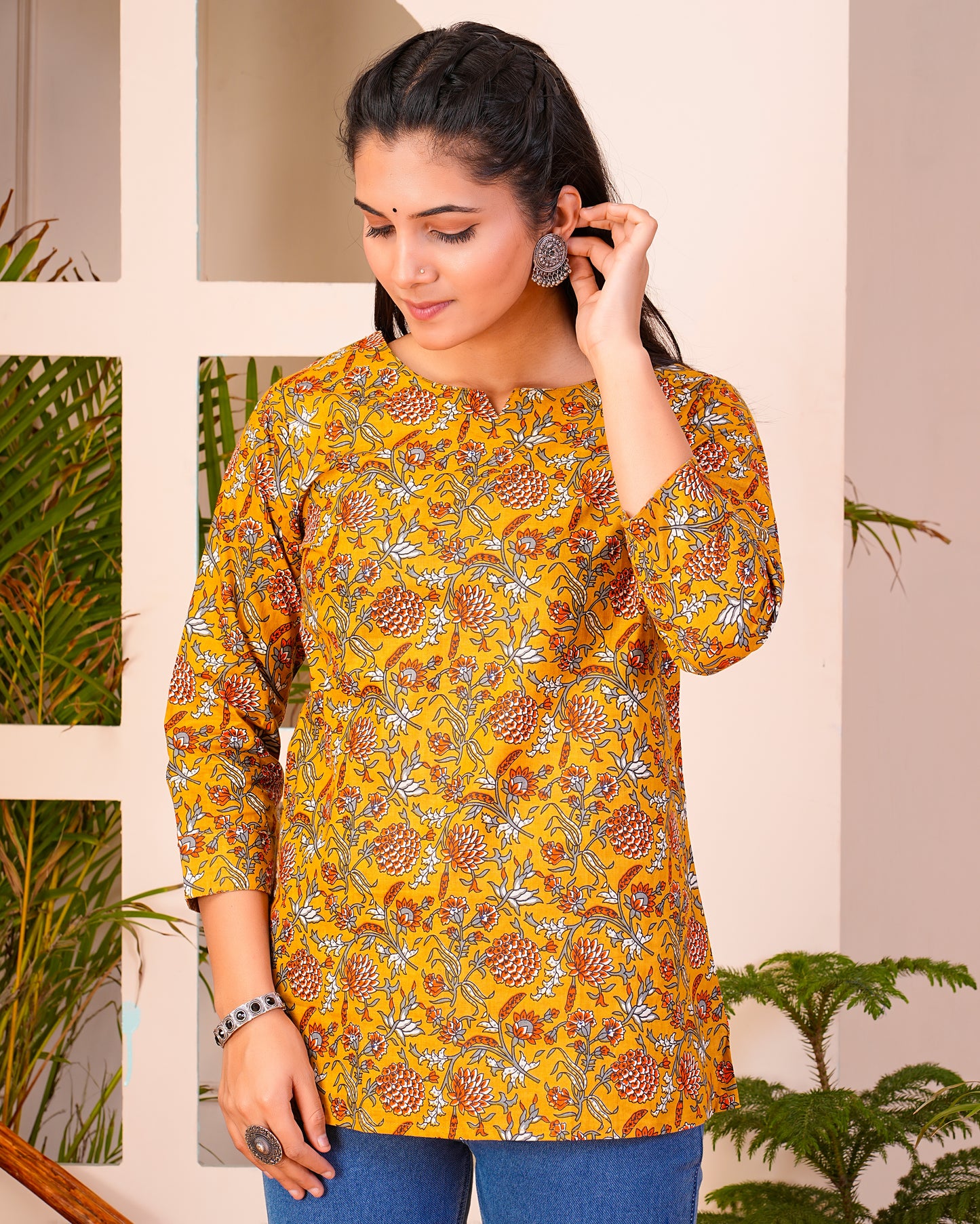 Yellow Printed Cotton Short Kurti