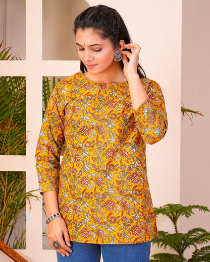 Yellow Printed Cotton Short Kurti